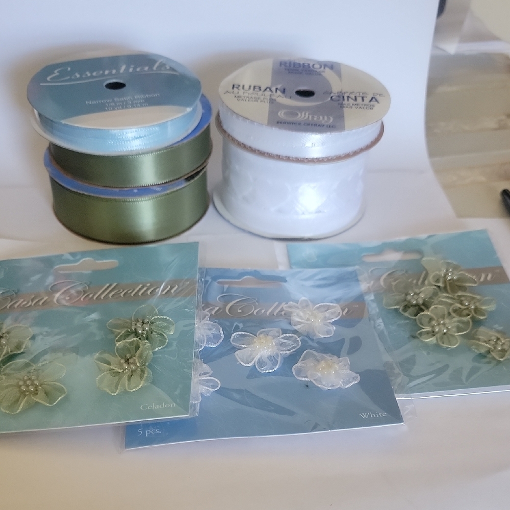 Green and White Ribbon and Flower Craft Set